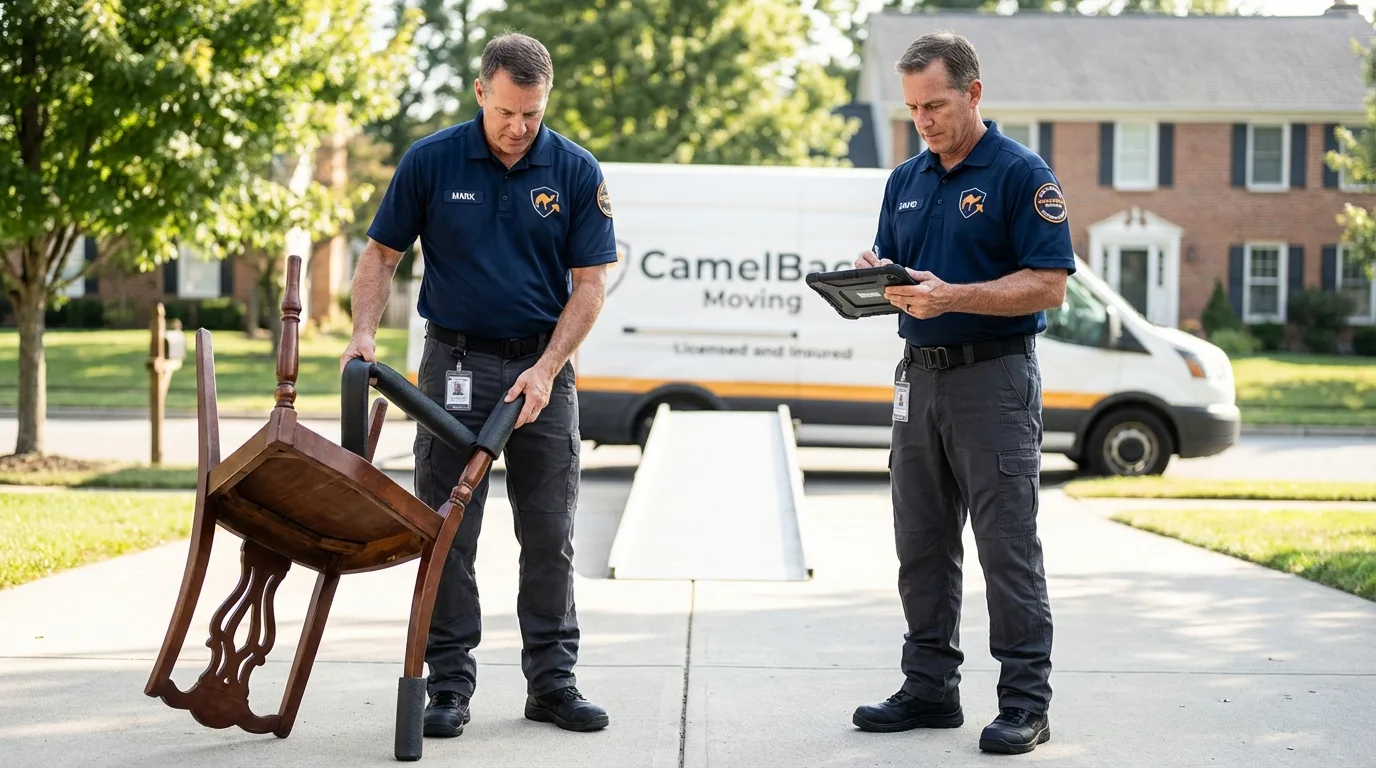 Movers inspecting furniture for damage prevention before loading in Twin City, GA