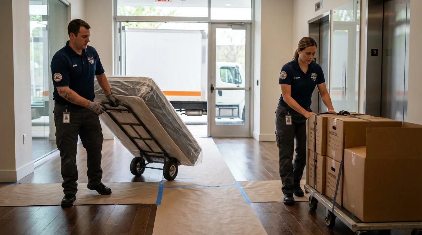 Professional apartment movers loading elevator in Twin City, GA
