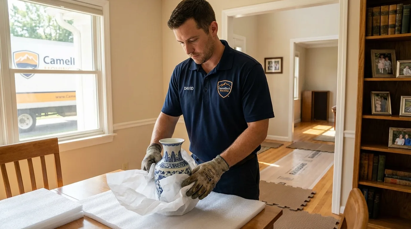 Professional crew carefully wrapping antique vase for senior downsizing move in Twin City, GA